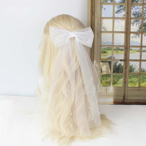 Pinza Para El Pelo Con Lazo De Malla Blanca Con Perlas Artificiales Encaje Largo Velo De Tul Tocado De Boda Para Mujeres Niñas Elegante
