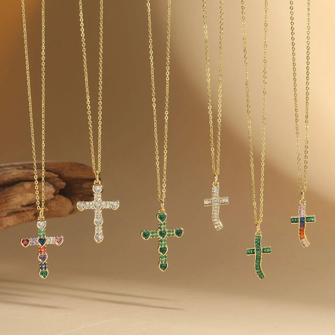 Collana Pendente Croce Minimalista Rame Zirconia Pietra Cuore Colorata Catena Clavicola Gioielli Donna