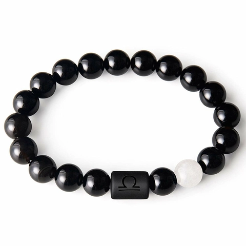 Zodiac Constellation Beaded Bracelet Natural Black Onyx Obsidian Tiger Eye Stones Elastic Hand String Unisex