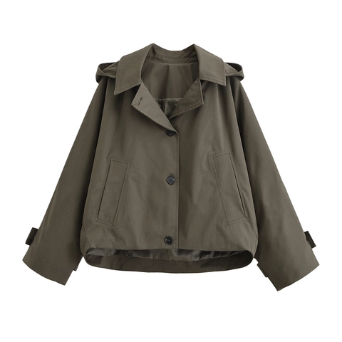 Women Short Trench Coat Hooded Polyester Windbreaker Casual Cape Style Single Breasted Jacket Outerwear