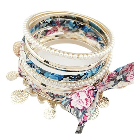 Multi Layer Bracelet Alloy Imitation Artificial Pearl Floral Fabric Bow Coin Charm Bohemian Romantic Jewelry For Women