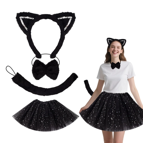 Cerchietto Orecchie Gatto Peluche Paillettes Papillon Coda Gonna Tutù Adesivi Viso Costume Halloween Festa Cosplay Per Bambini
