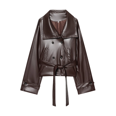 Kunstlederjacke Doppelreihig Mit Gürtel Kurzmantel Reverskragen Langarm Mode Damen Oberbekleidung