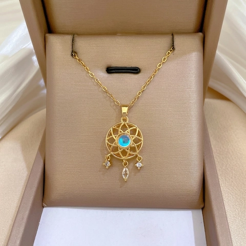 Elegante Traumfänger Anhänger Halskette Für Damen Edelstahlkette Kupfer Blau Opal Hohl Luxus Schmuck Geschenk