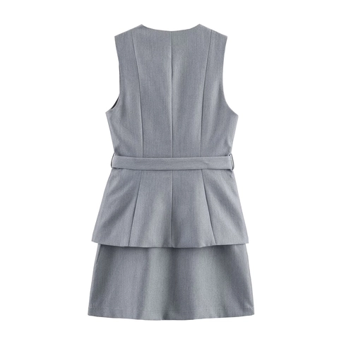 Business Eleganter Grauer Ärmelloser Rundhals Weste Und Rüschen Minirock Outfit Krepp Schmale Passform Für Damen
