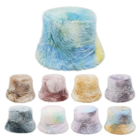 Dames Emmerhoed Van Namaakbont Tie Dye Gradiënt Regenboog Pluche Dik Warm Winter Basin Hat Voor Buiten Casual