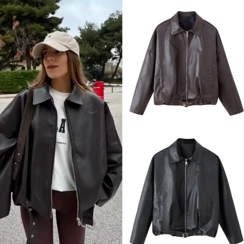 Γυναικείο Τζάκετ Από Συνθετικό Δέρμα PU Oversized Ρετρό Streetwear Γιακάς Φερμουάρ Με Ζώνη