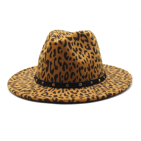 Leopard Print Fedora Hat Woolen Felt Wide Brim Rivet Belt Jazz Cap Retro Style For Men Women Autumn Winter