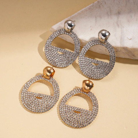 Geometric Round Hollow Rhinestone Earrings With Silver Earring Post Copper Elegant Fashion Accessory For Women