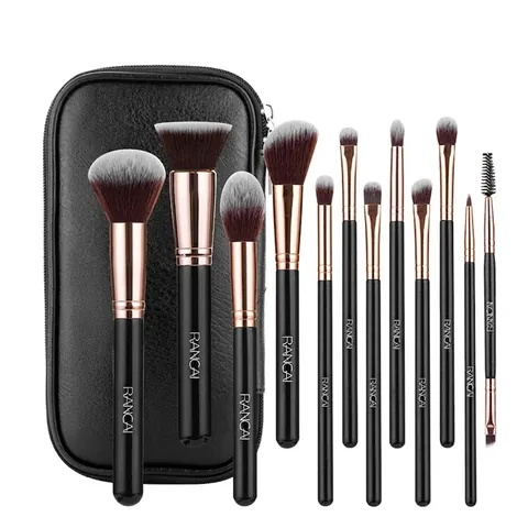 Pennelli Trucco Professionali Setole Fibra Sintetica Manico Legno Custodia Pelle PU Strumenti Bellezza Donne