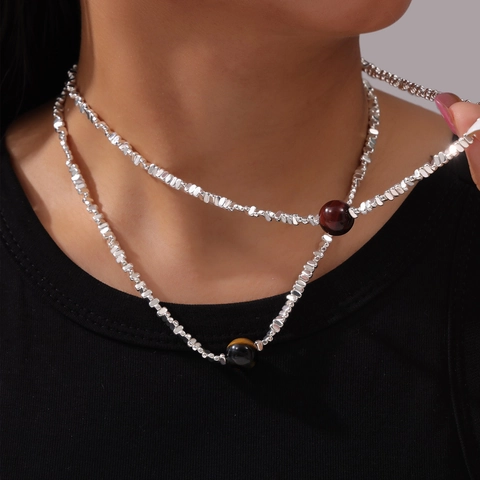 Stainless Steel Tiger Eye Necklace Irregular Square Block Geometric Maillard Style Commuter Fashion Women Jewelry Pendant