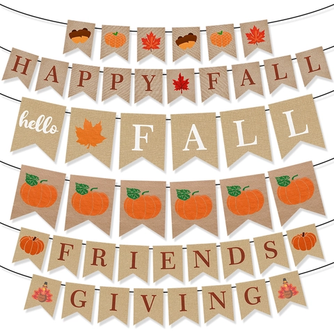 Banner Di Ringraziamento In Juta Decorazione Autunnale Hello Fall Friendsgiving Zucca Foglie D'Acero Bandiera