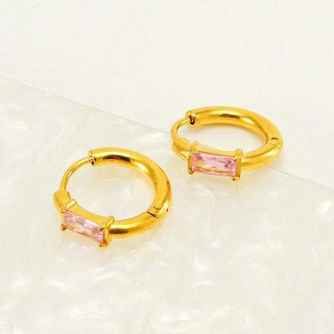 18K Gold Plated Stainless Steel Hoop Earrings With Rectangular Zircon Inset Fashion Retro Niche Jewelry For Women