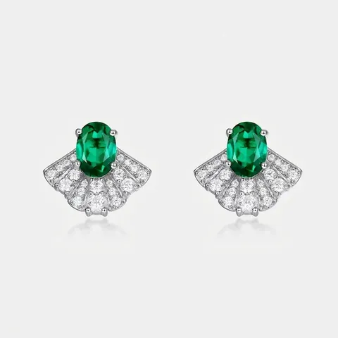 925 Sterling Silver Lab-Created Emerald Fan Shaped Stud Earrings Pave Zirconia Elegant Skirt Jewelry For Women