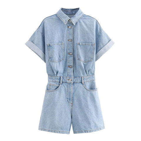 Women Short Sleeve Denim Romper Button Down Utilitarian Pocket Summer Casual Streetwear Jumpsuit Cotton