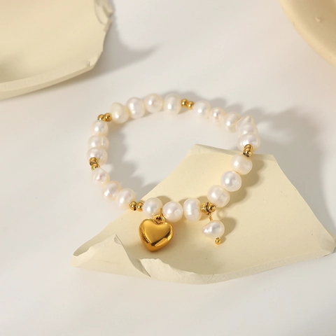 Bracelet Künstliche Perles Pendentif Cœur Acier Inoxydable Plaqué Or 18K Style Français Élégant Bijoux Pour Femmes