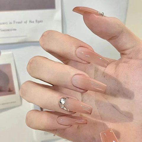 Uñas Postizas Press On Largas Forma Ataúd Degradado Nude Ombre Efecto Gelatina Purpurina Diamantes De Imitación