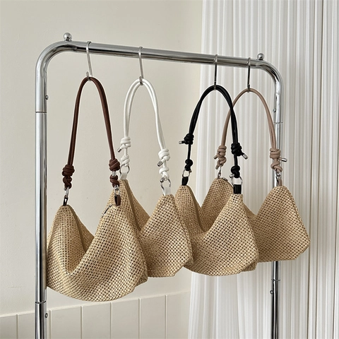 Women Woven Straw Shoulder Bag Casual Beach Tote With Knotted Strap Summer Vacation Hobo Underarm Handbag Travel Purse