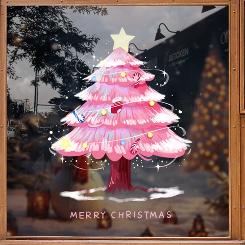 Pink Christmas Tree Static Cling Window Sticker PVC Glue Free Reusable Double Sided Glass Door Shop Festive Decoration