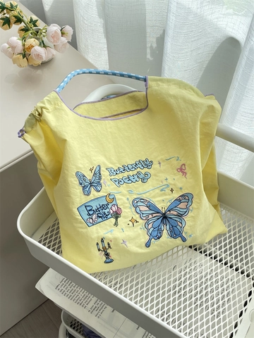Sac Fourre-Tout Brodé Femmes Papillon Fleur Tissu Oxford Sac À Main Décontracté Shopping École Douce Esthétique Zakka Grand