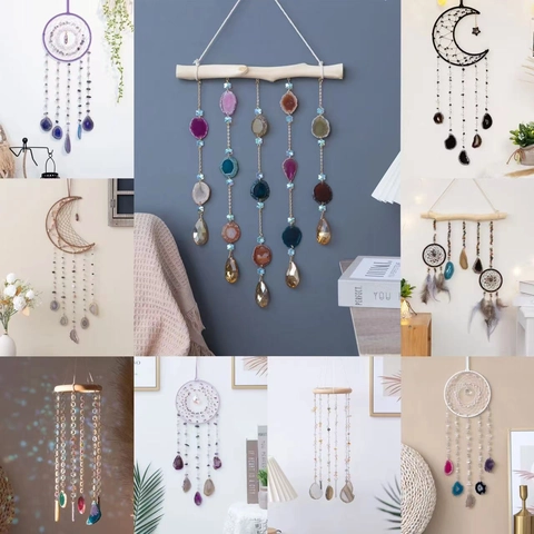 Handmade Dream Catcher Wind Chime Natural Agate Slices Crystal Stone Bohemian Moon Wall Hanging Home Decor Ornament
