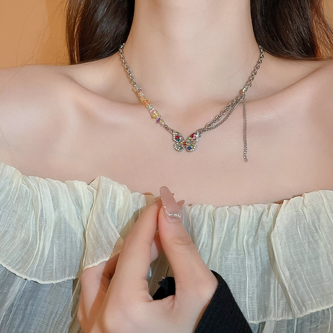 Collana Con Pendente A Farfalla Acciaio Inossidabile Catena Asimmetrica Pietra Colorata Gioielli Donna