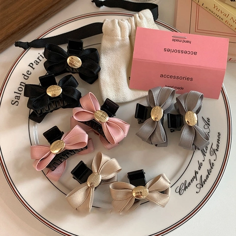 Satin Bow Hair Claw Clip French Vintage Fabric Ribbon Hairpin With Round Metal Buckle For Women Girls