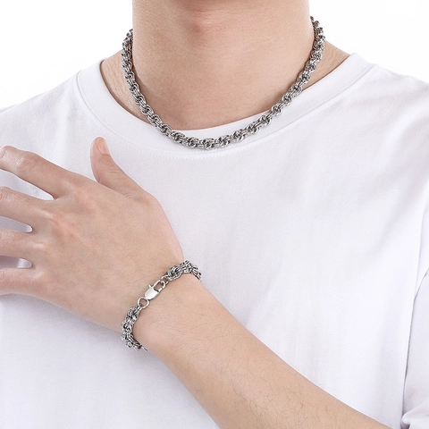 Stainless Steel Twisted Rope Chain Necklace And Bracelet Silver Color Minimalist Hip Hop Style Unisex Jewelry