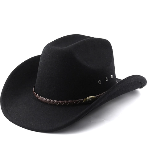 Western Cowboy Hat Wide Curved Brim Felt Polyester Cotton Braided Leather Band Metal Buckle Breathable Outdoor Jazz Fedora