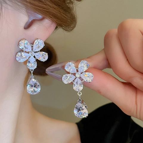 Zircon Flower Teardrop Earrings And Necklace Jewelry Women Bridal Wedding Party Elegant With Silver Earring Post