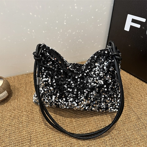 Borsa A Tracolla Con Paillettes Da Donna Borsa Sotto L'Ascella Glitterata Moda Nero Argento Hobo Cerniera Con Tracolla A Nodo