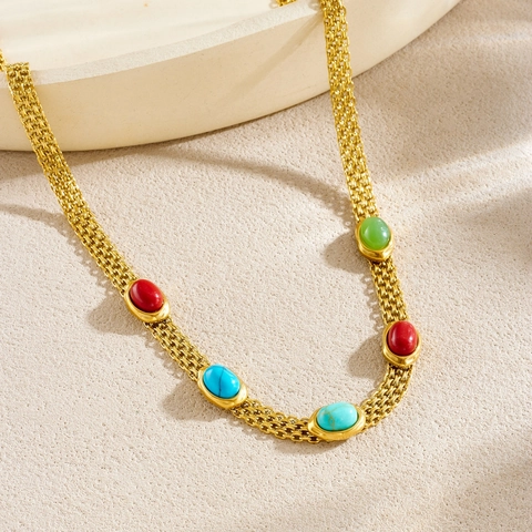 Vintage Etnische Ketting Roestvrij Staal Verguld Geweven Gaasketting Met Kleurrijke Ovalen Edelstenen Dames Sieraden