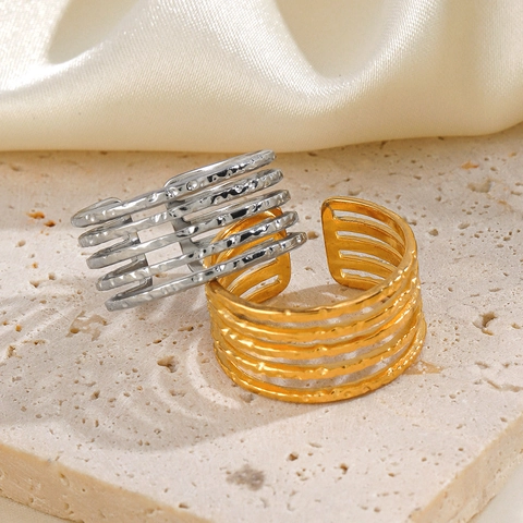 Bague Ouverte Ajustable En Acier Inoxydable Martelée À Plusieurs Couches Pour Femmes Bijoux Punk Géométriques Dorés 18K