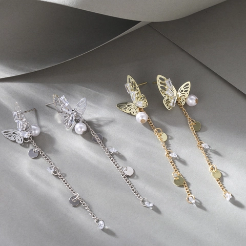 Orecchini Pendenti A Farfalla Con Lega Zircone Perla Artificial E Perno In Argento 925 Stile Coreano Per Donne