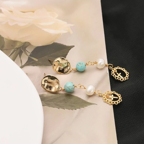 Orecchini Pendenti Con Perle D'acqua Dolce Vintage Turchese Ciondolo Croce Placcato Oro 18K Argento Sterling 925