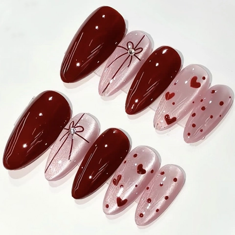 Unghie Finte Press On Occhio Di Gatto Borgogna Mandorla Con Fiocco Strass Perla Artificial Cuore Design Per Donna Manicure DIY