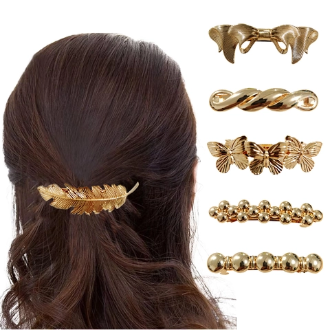 Vintage Metal Hair Clips Alloy Feather Butterfly Geometric Spring Barrette Side Pin Retro Hair Accessory For Women