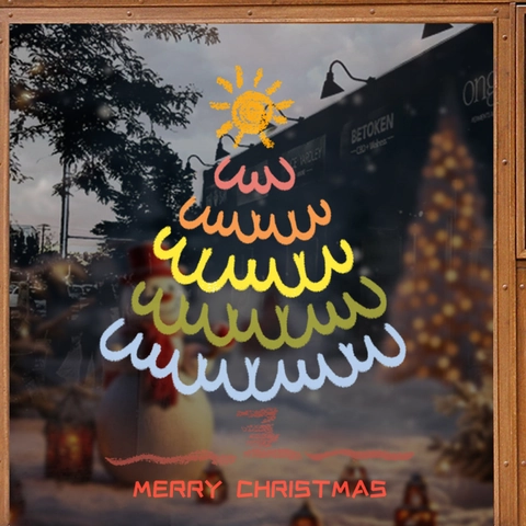 Christmas Window Clings PVC Static Sticker Double Sided Colorful Hand Drawn Tree Glass Door Holiday Decoration