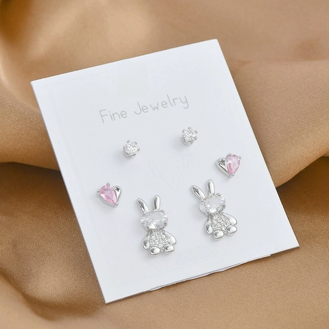 Lussuosi Orecchini a Bottone a Forma di Coniglio Cuore Tondo in Rame Con Perno in Argento Sterling 925 Strass Donna