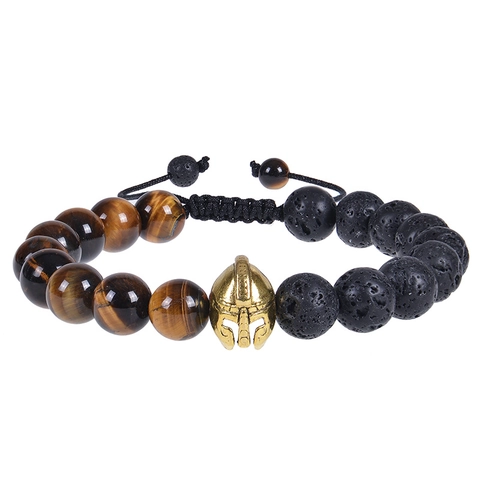 Bracciale Di Perline Con Pietra Occhio Di Tigre Naturale Pietra Lavica E Accessorio In Lega Casco Guerriero Spartano