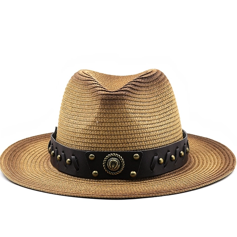 Western Cowboy Straw Hat Vintage Gradient Sun Protection Fedora Breathable With Leather Strap Horseshoe Buckle Travel