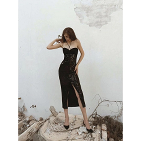 Zwarte Pailletten Halsterjurk Mouwloos Zijsplit Bodycon Elegante Avondfeest Midi Jurk Voor Dames