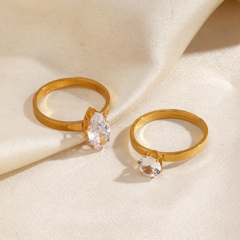 Minimalist Gold Plated Stainless Steel Rings With Marquise And Round Zircon Adjustable Open Jewelry For Women