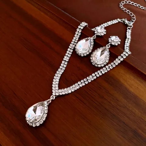 Rhinestone Necklace And Earrings Jewelry Alloy Pear Shaped Water Drop Crystal Pendant Luxury High-End Elegant For Women