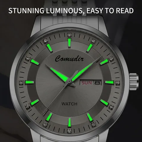 Heren Quartz Horloge Hol Waterdicht Lichtgevend Dag Datum Kalender Rhinestone Wijzerplaat Staal Zakelijk Luxe Mode Man
