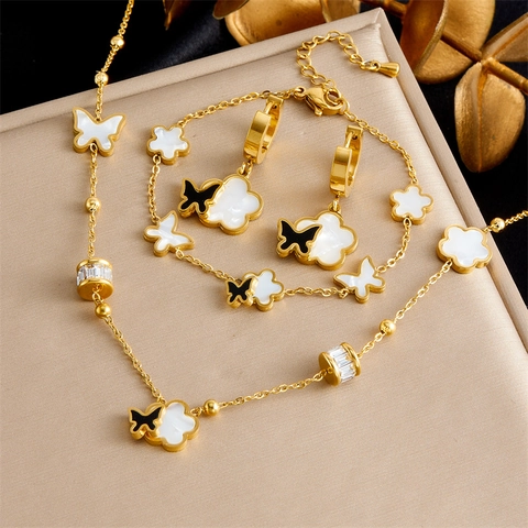 Gioielli In Acciaio Inossidabile Collana Bracciale Orecchini Vintage Placcato Oro Fiore Farfalla Stile Madreperla Elegante