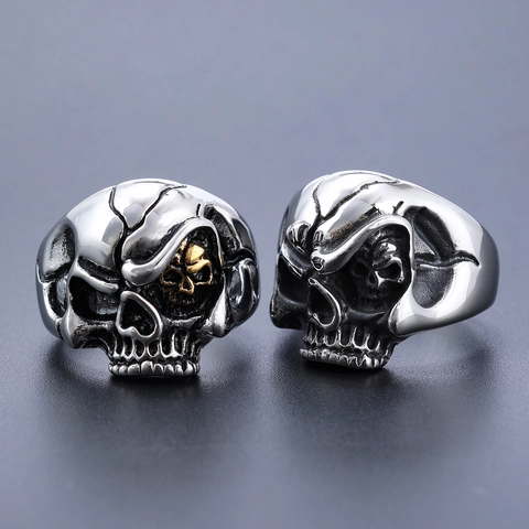 Skull Ring Stainless Steel 316L Double Skeleton Head Punk Biker Gothic Vintage Distressed Polished Band Jewelry For Men