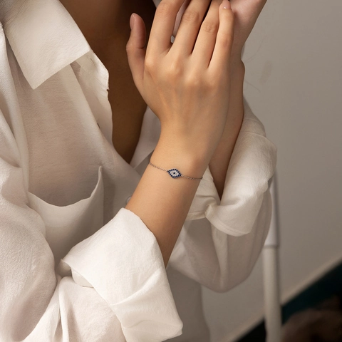 Evil Eye Bracelet 925 Sterling Silver Blue And White Cubic Zirconia Minimalist Adjustable Lucky Jewelry For Women