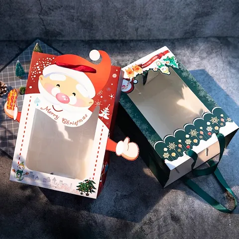 Sac Cadeau De Noël En Papier Avec Fenêtre Transparente Poignée Ruban Père Noël Bonhomme De Neige Motif Festif
