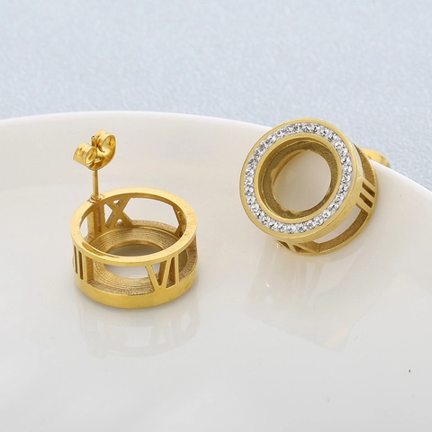 Stainless Steel Earrings For Women Gold Plated Hollow Roman Numerals Cubic Zirconia Geometric Fashion Jewelry Minimalist